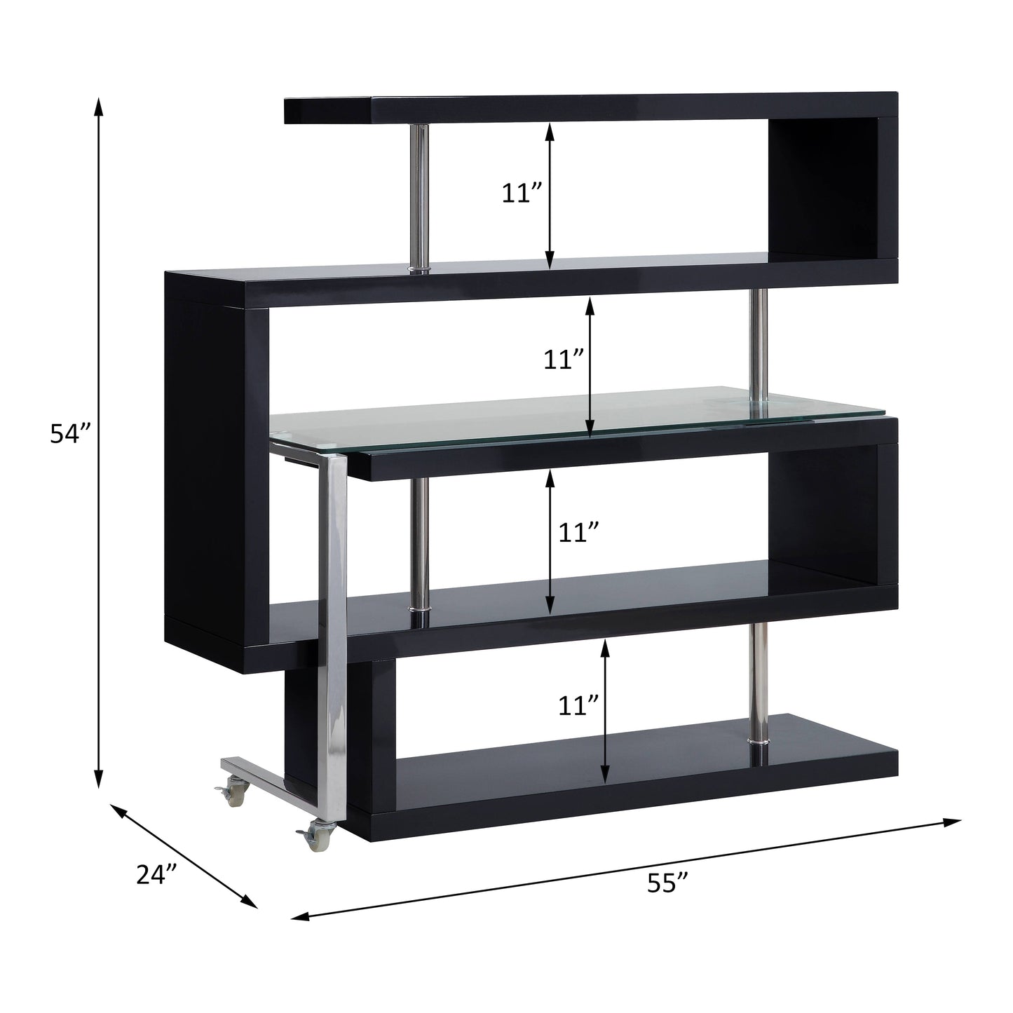 Modern Glass-Top Writing Desk with S-Shaped Shelf, Black and Chrome Finish