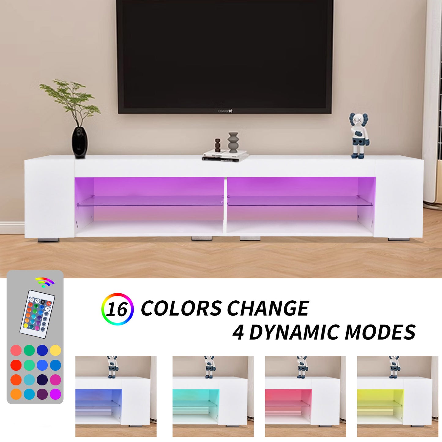 Modern LED TV Stand with RGB Remote Control and Tempered Glass Shelf