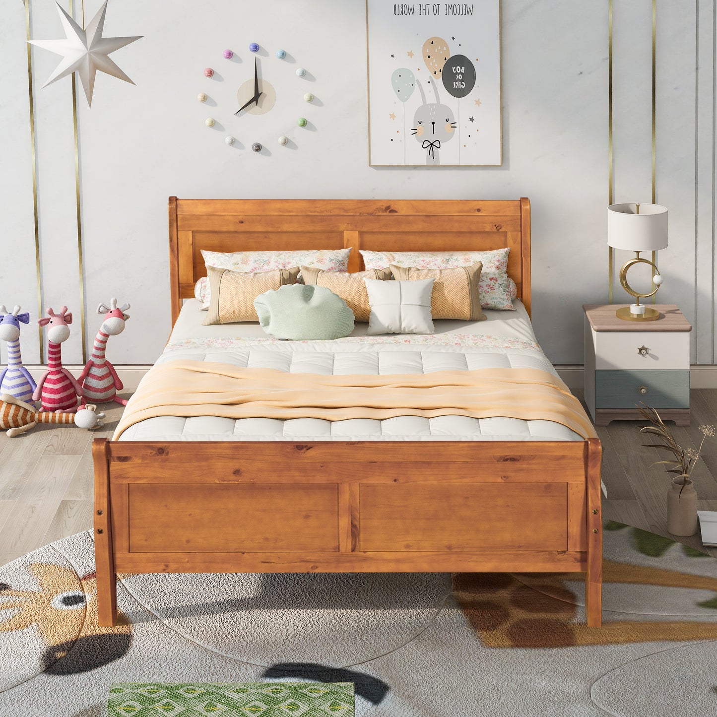 Full Size Wood Platform Bed with Headboard and Wooden Slat Support (Oak)