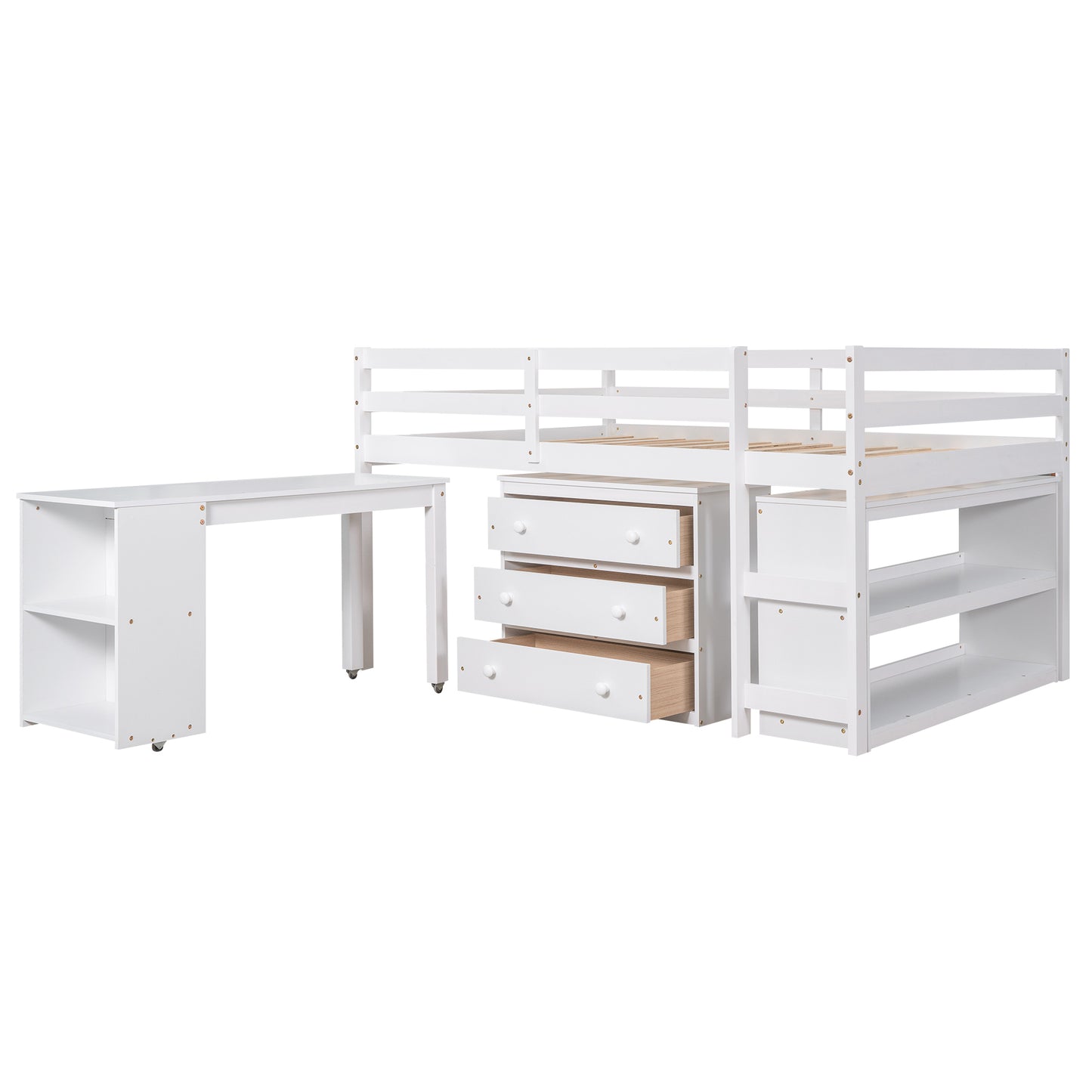 Low Study Full Loft Bed with Cabinet ,Shelves and Rolling Portable Desk ,Multiple Functions Bed- White