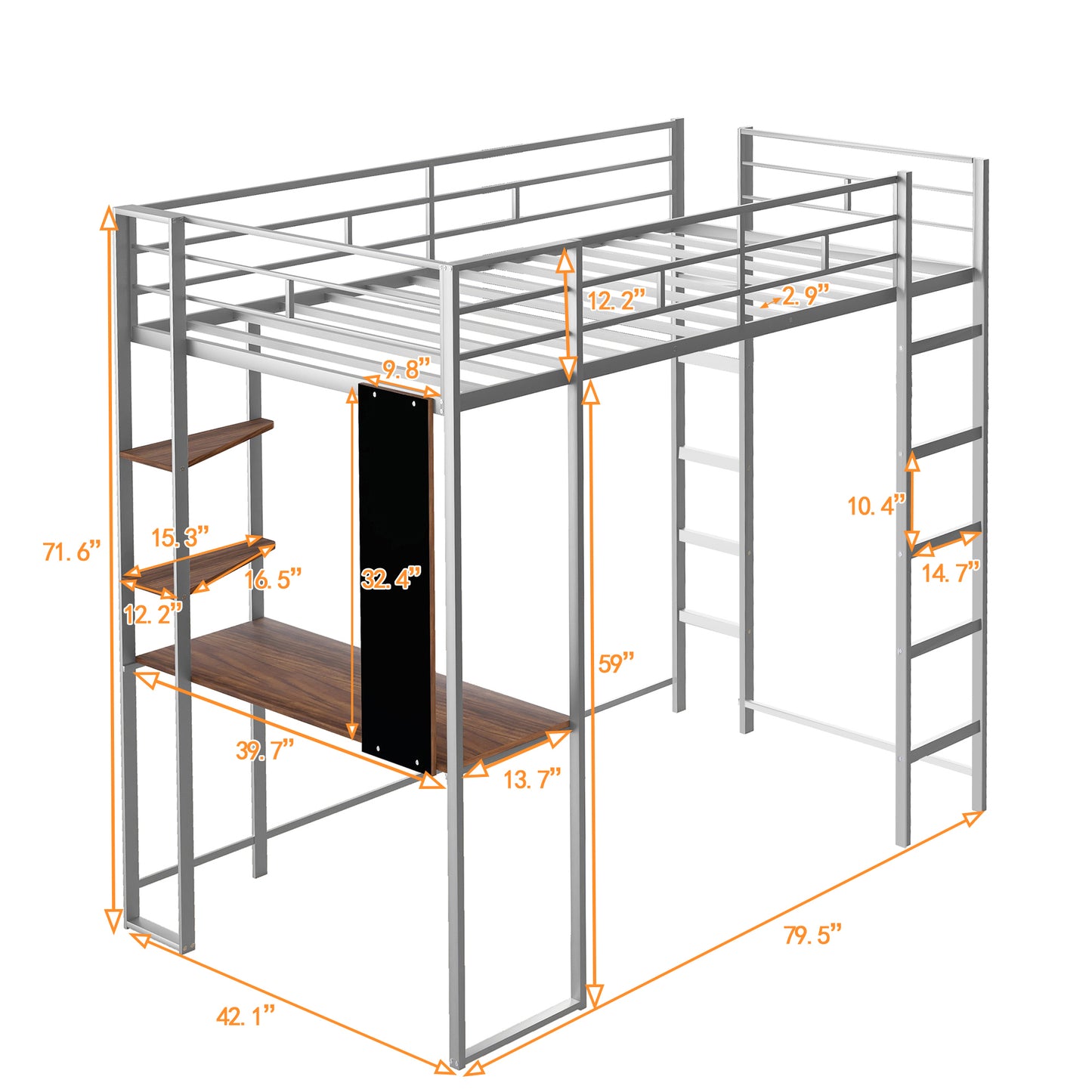 Twin Metal Loft Bed with 2 Shelves and one Desk ,Silver(: MF281206AAN)