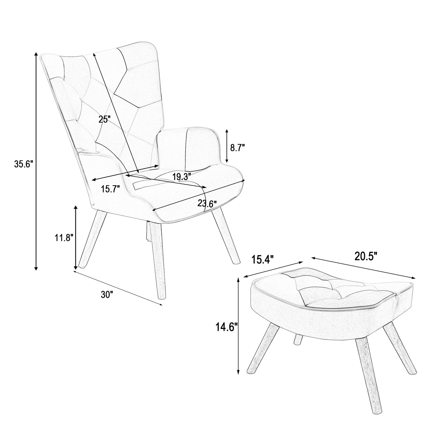 Accent Chair with Ottoman, Living Room Chair and Ottoman Set, Comfy Side Armchair for Bedroom, Creative Splicing Cloth Surface