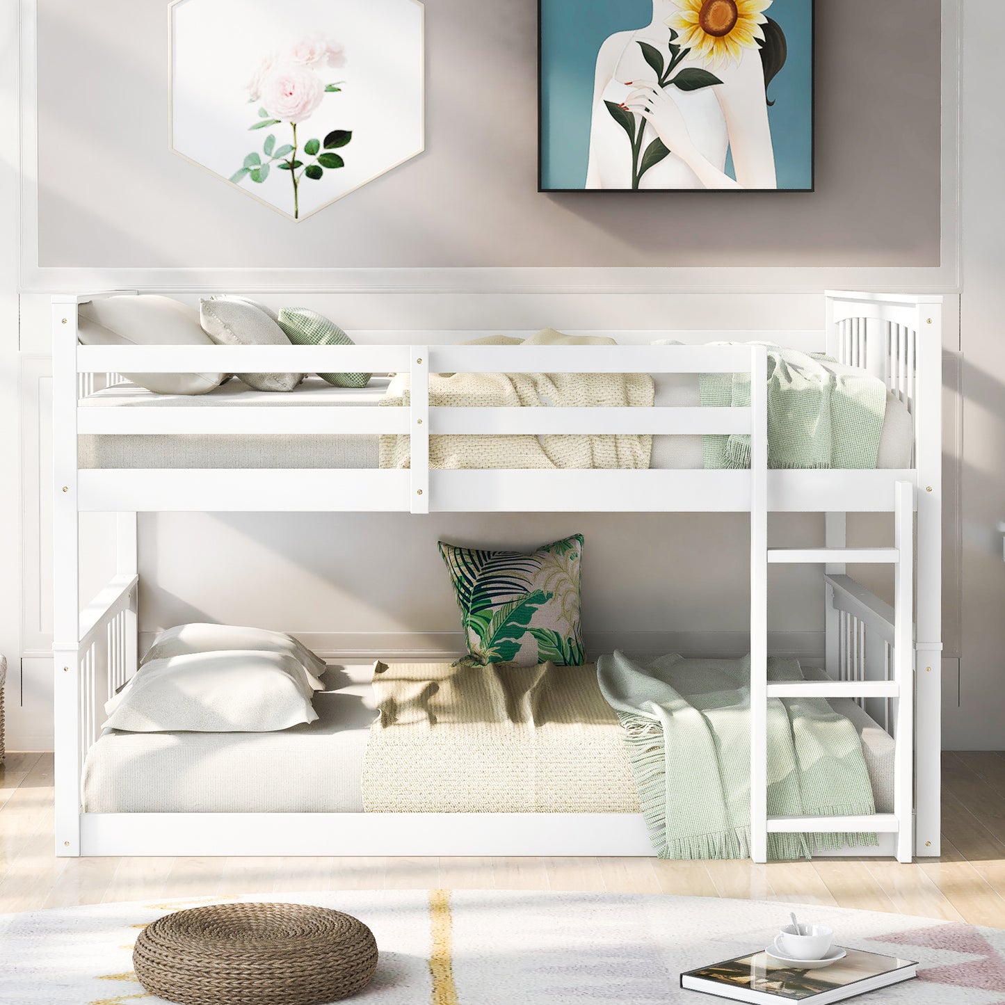 White Full-Size Bunk Bed with Built-In Ladder