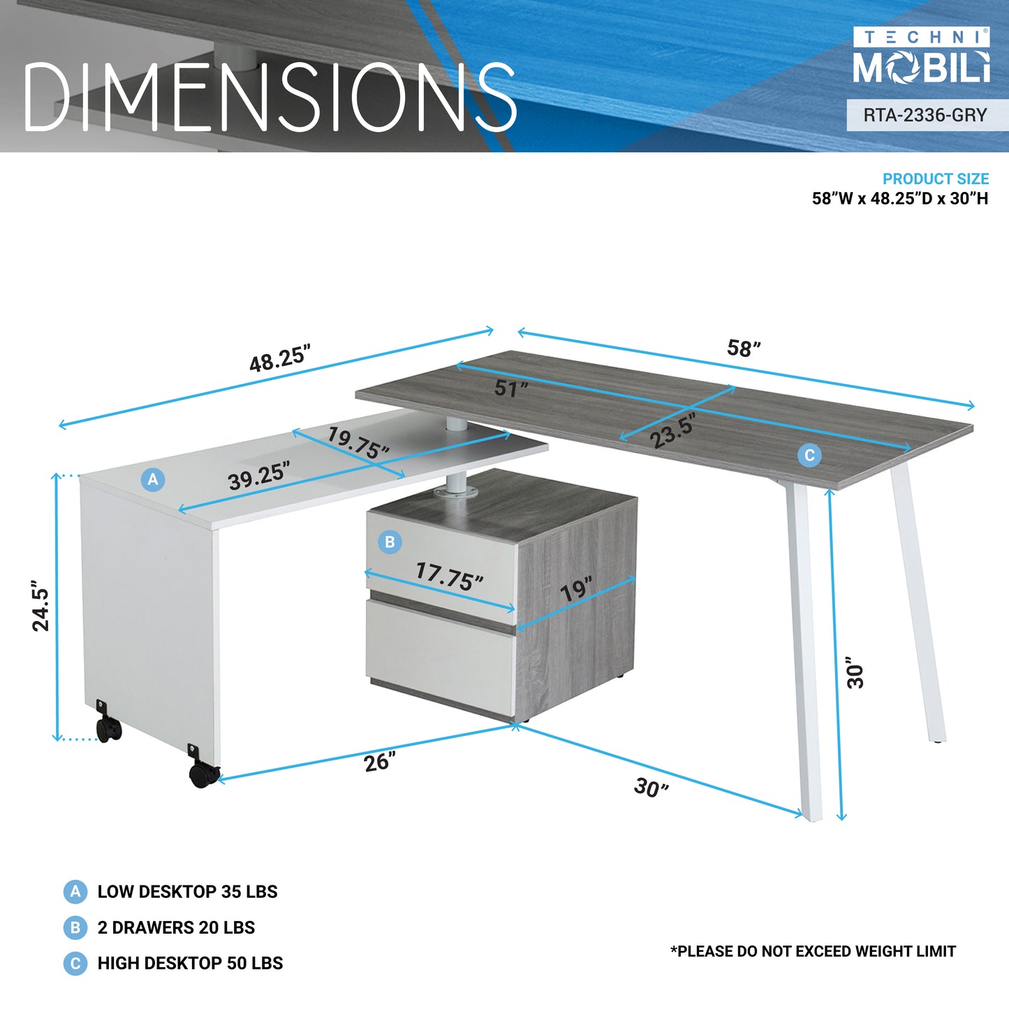 Rotating Grey Workspace Desk by Techni Mobili