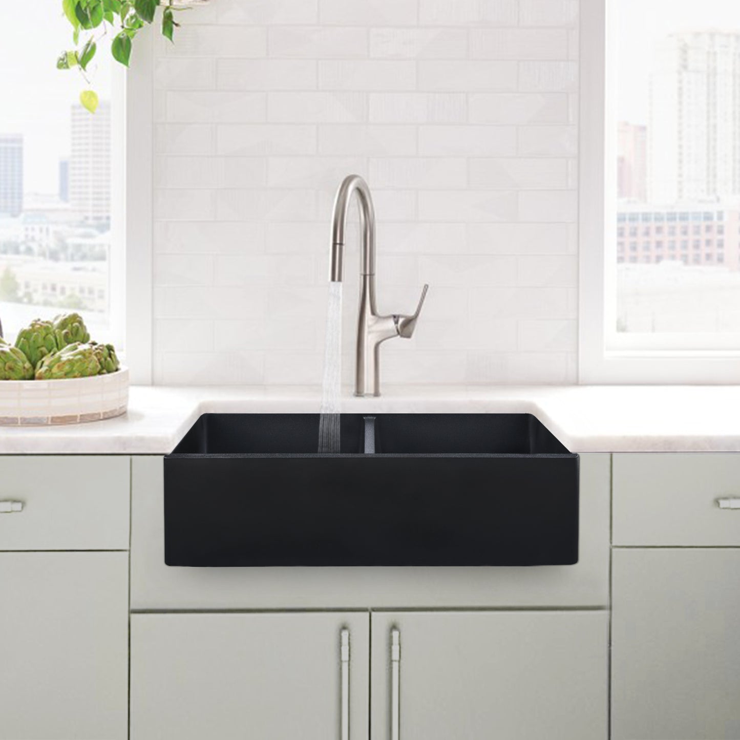 33 L x 19 W Matte Black Quartz Farmhouse Double Bowl Kitchen Sink