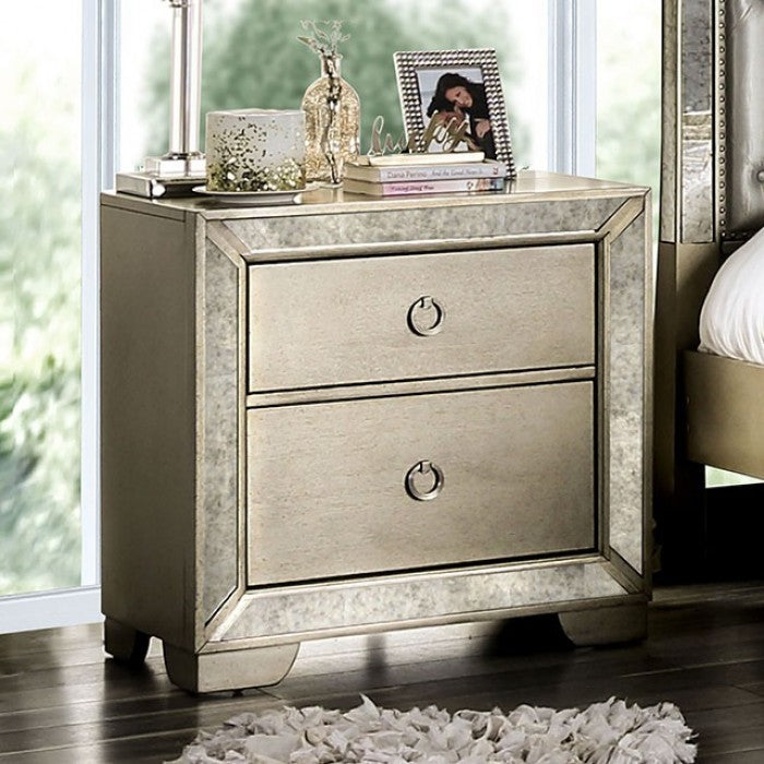 Glam Champagne Gray Finish 1pc Nightstand Antique Mirror Panels Ring Pull Handles Bedroom Furniture