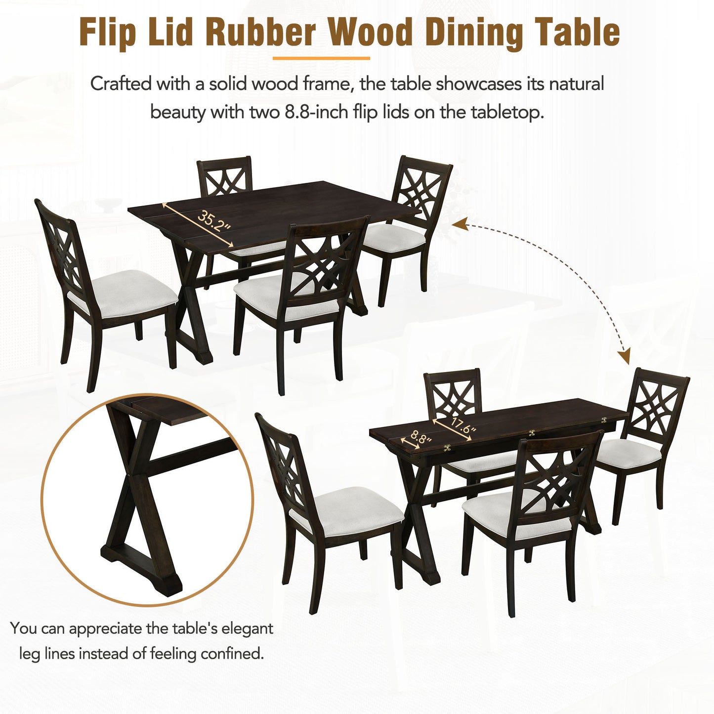 5-Piece 62*35.2inch Extendable Rubber Wood Dining Table Set with X-shape Legs,Console Table with Two 8.8Inch-Wide Flip Lids and Upholstered Dining Chairs ,Dark Walnut