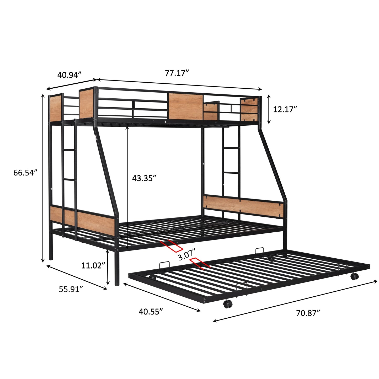 Metal Triple Sleeper Bunk Bed with Trundle and Soundproof Design and Safety Features