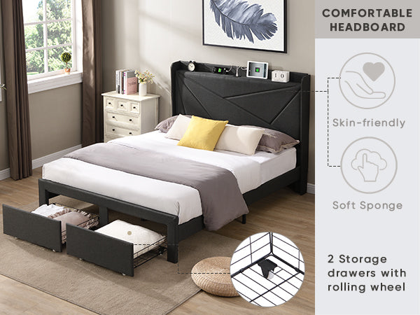 Full Size Bed Frame with 2 Storage Drawers, Upholstered Bed Frame with Wingback Headboard Storage Shelf Built-in USB Charging Stations and Strong Wood Slats Support, No Box Spring Needed, Dark Gray