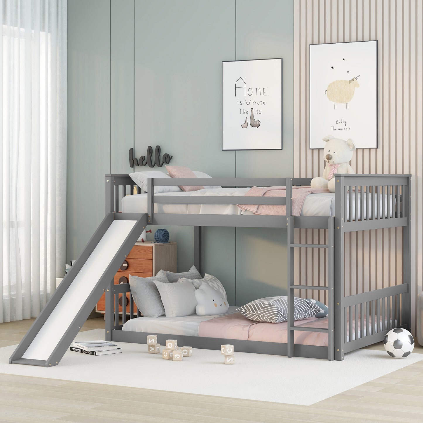 Grey Bunk Bed with Slide, Ladder, and Modern Design