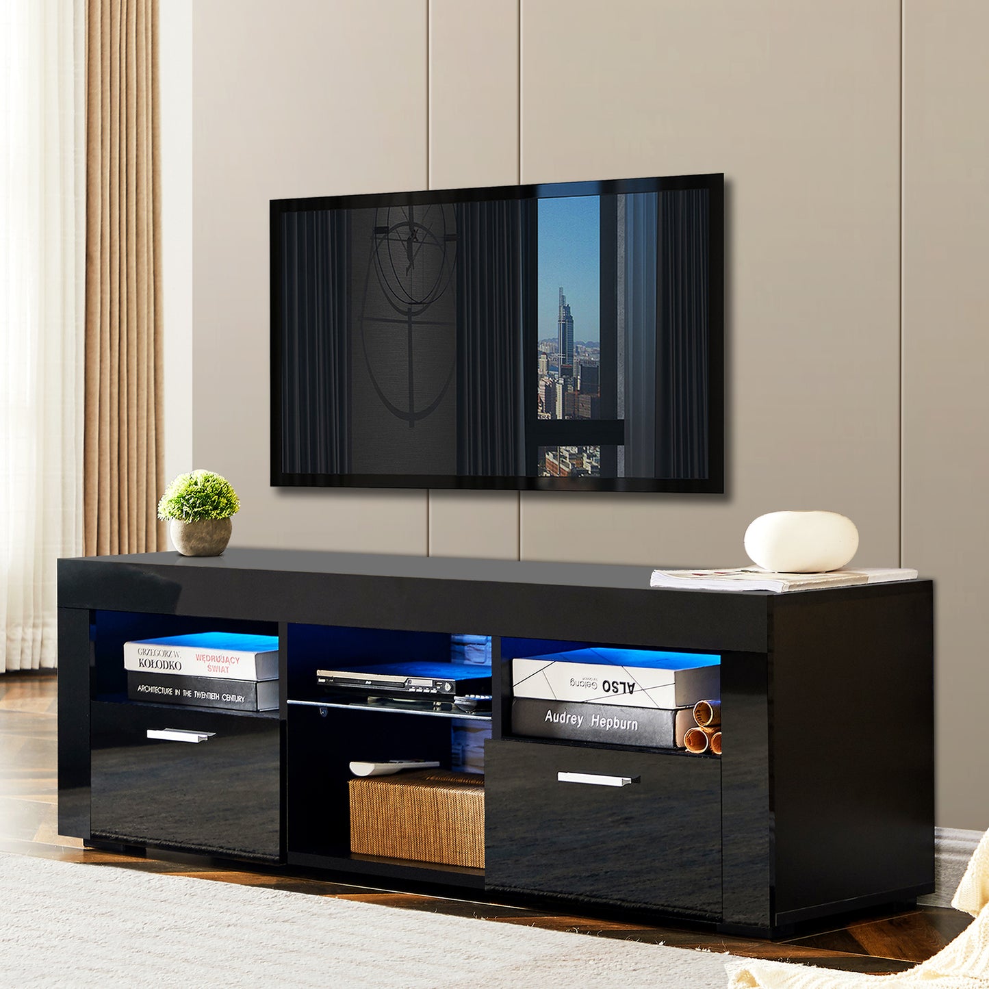 Modern Black TV Stand with LED Lights and High Gloss Front Cabinet - Versatile Assembly for Any Room - Black Color