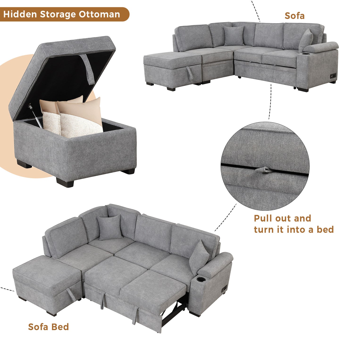 87.4 Gray L-Shaped Sleeper Sofa Bed with Ottoman Storage