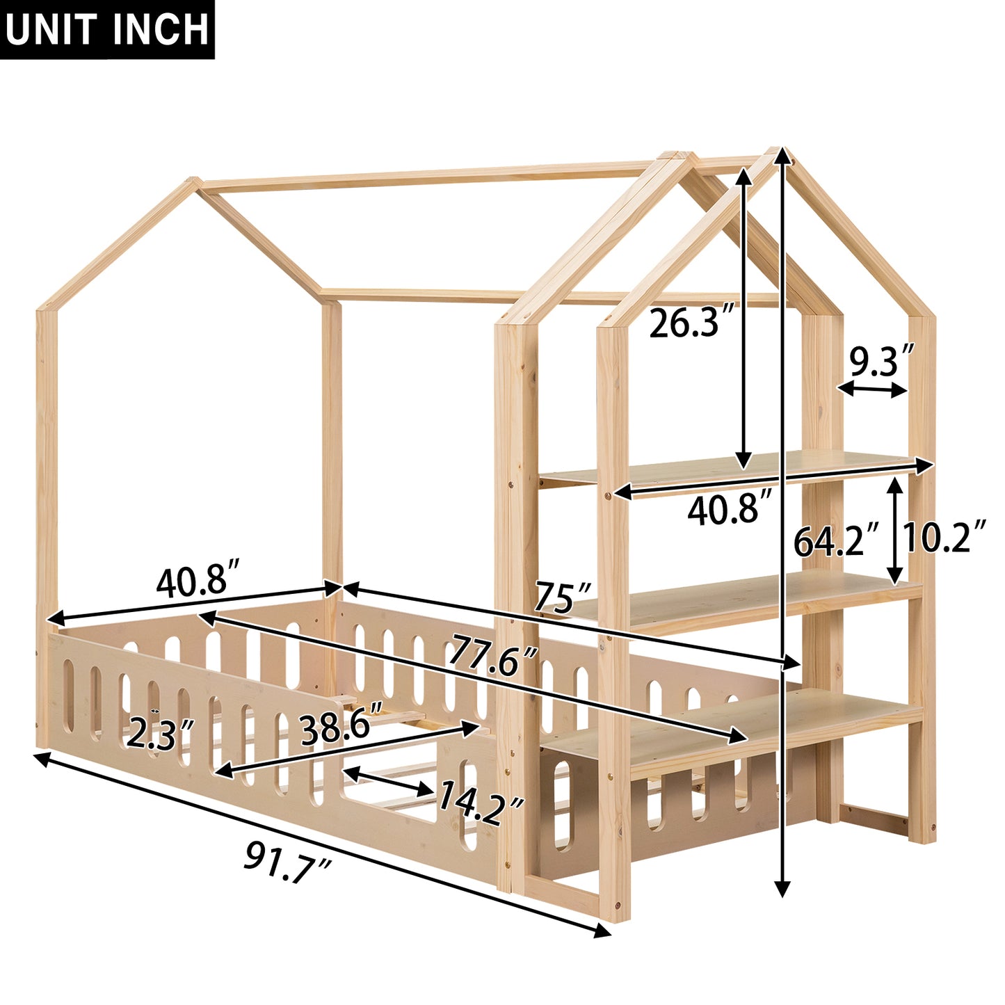 Twin Size Wood House Bed with Fence and Detachable Storage Shelves, Natural (Expected Arrival Time: 1.7)