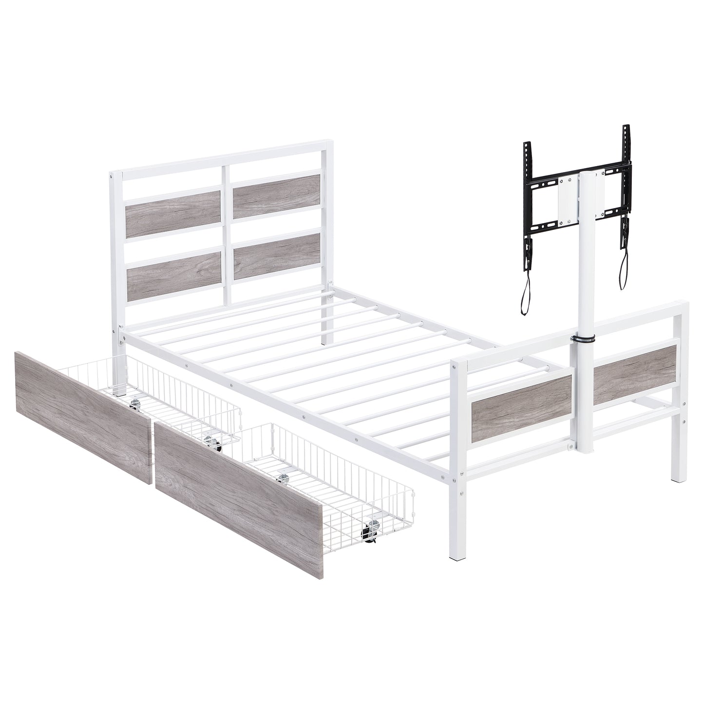 Metal Platform Bed with Rotating TV Stand, Storage Drawers, and MDF Headboard, Twin Size, White