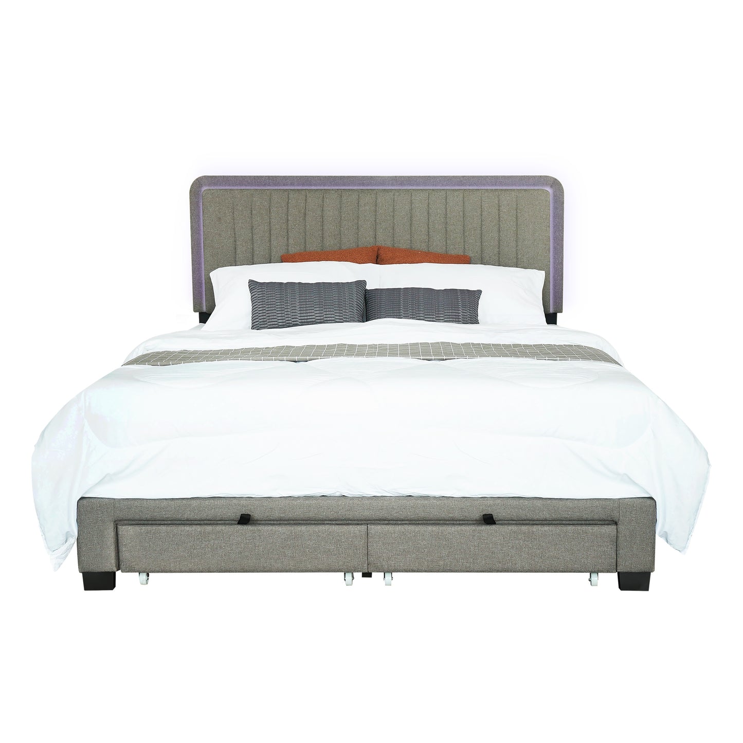 QUEEN SIZE UPHOLSTERED BED WITH ADJUSTABLE HEIGHT / MATTRESS 10 TO 14 INCHES / LED DESIGN WITH FOOTBOARD DRAWERS STORAGE / NO BOX SPRING REQUIRED STONE