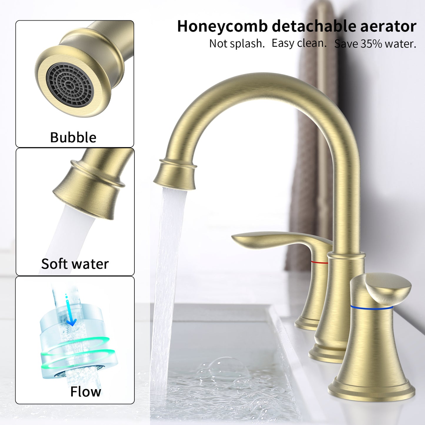 360° Swivel Brushed Gold 2-Handle Widespread Lavatory Faucet