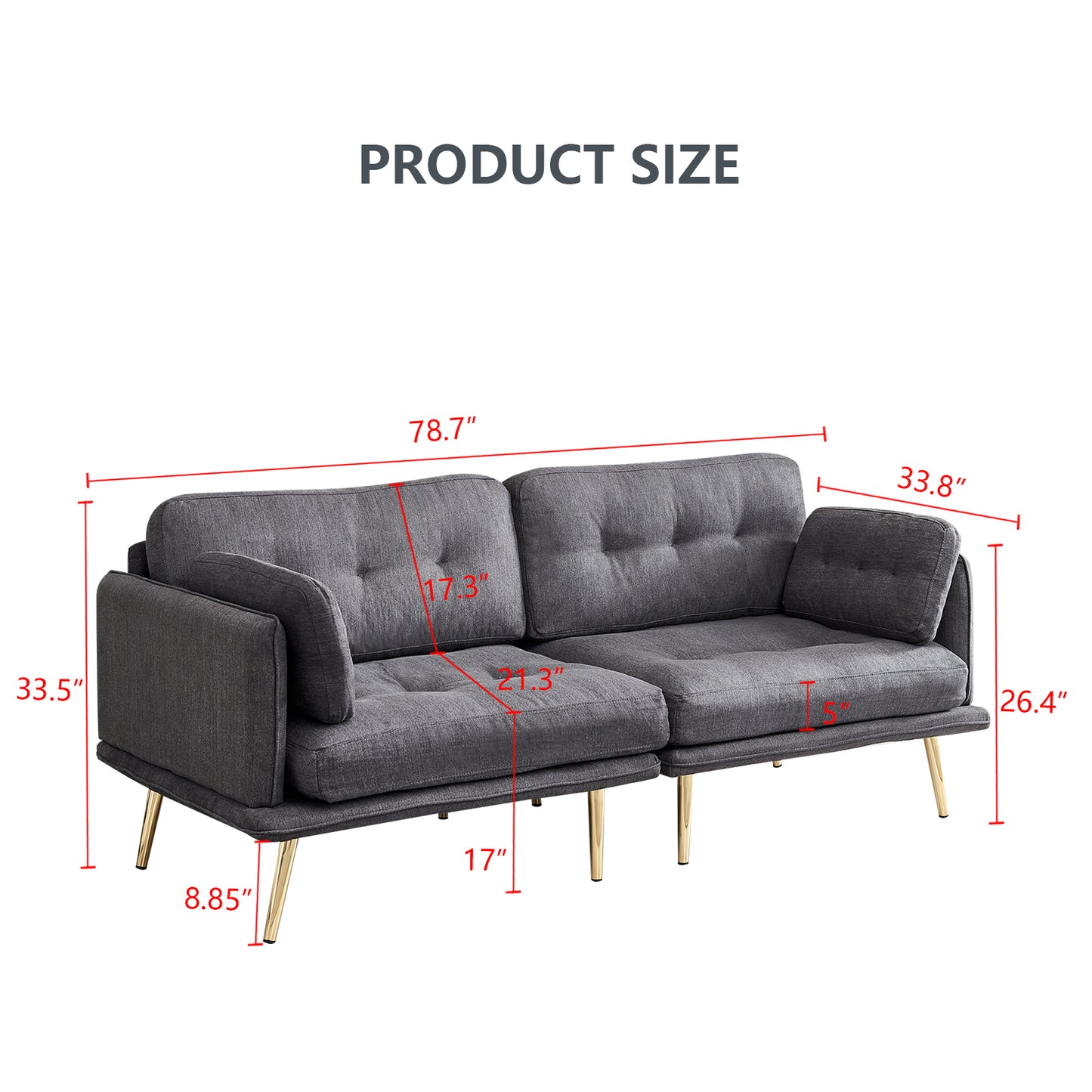 Elegant Dark Grey 3-Seat Sofa with Gold Metal Legs