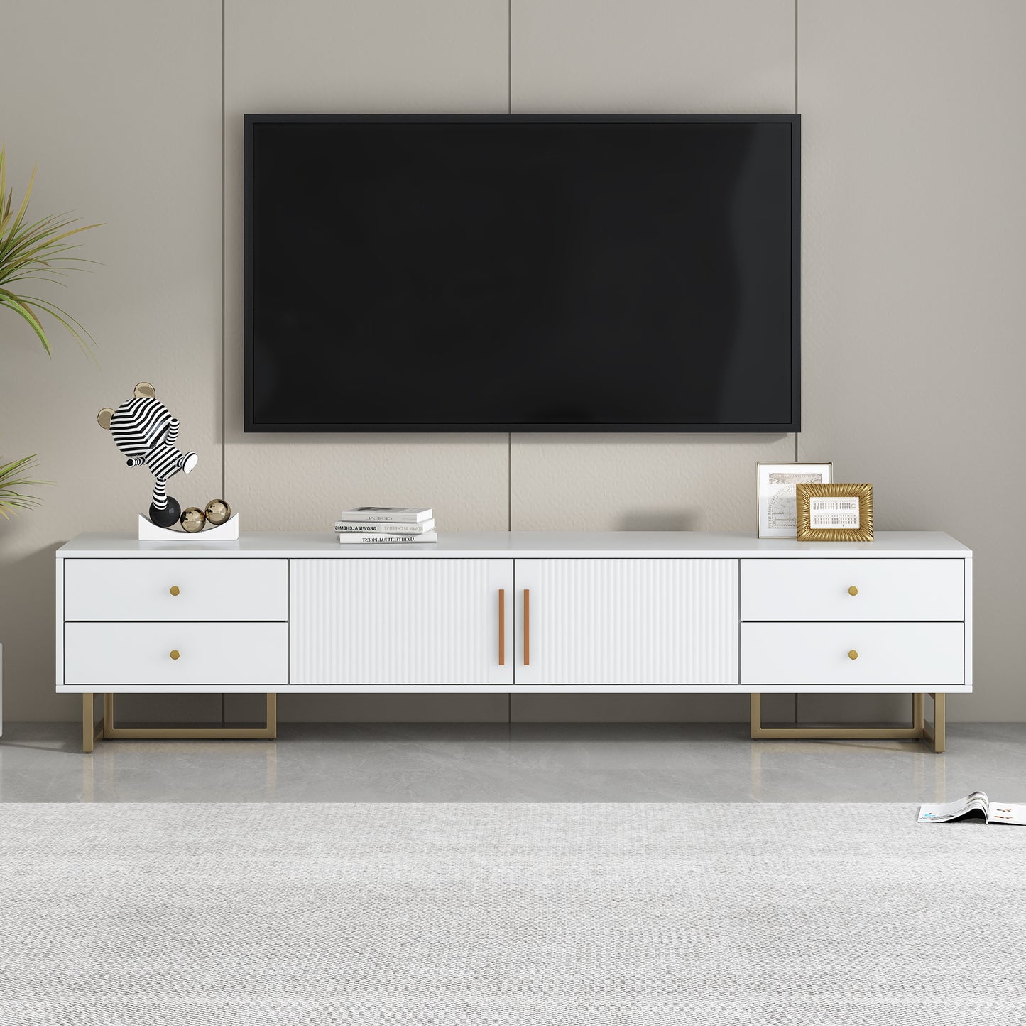 Modern White TV Stand with Storage Drawers and Cabinet