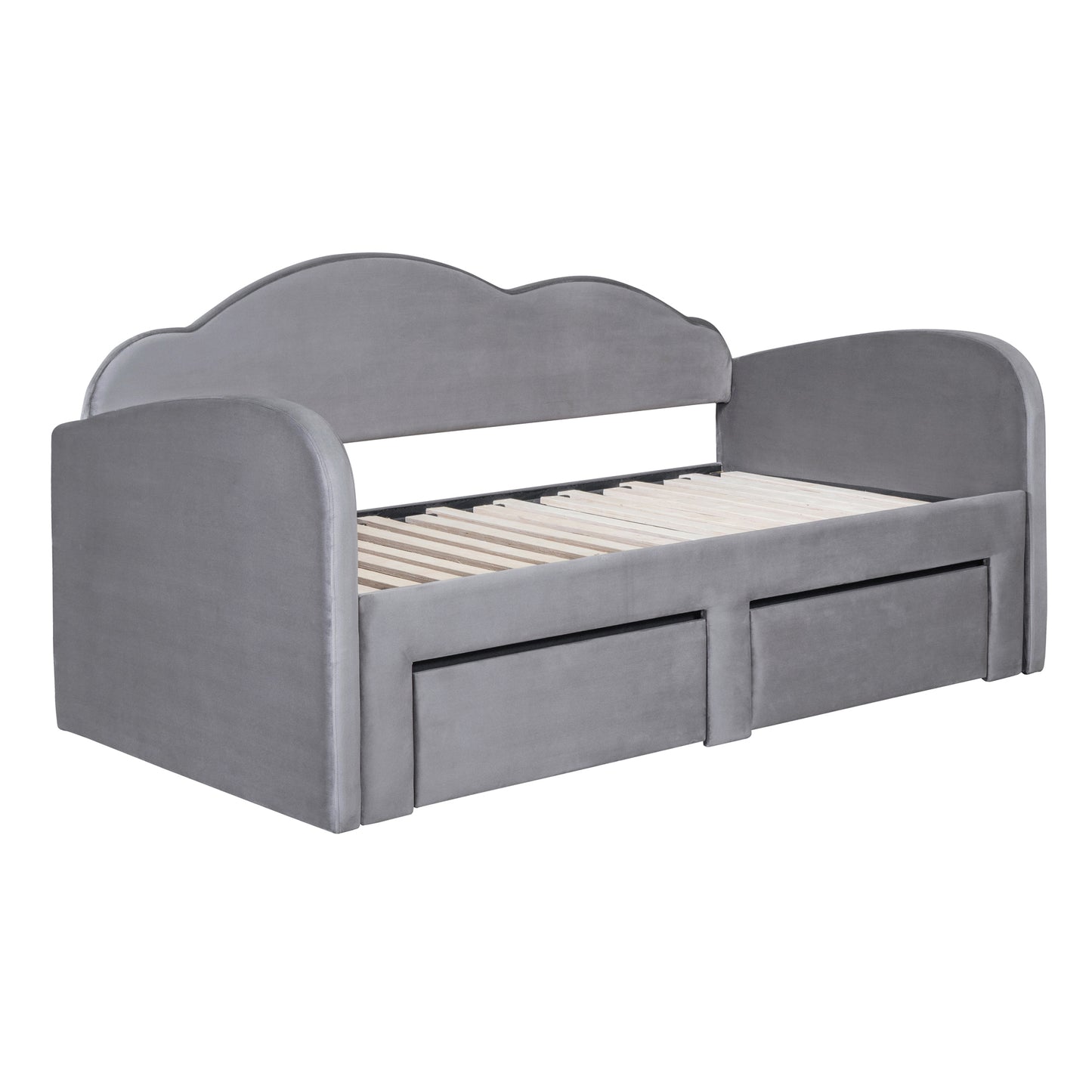 Twin Size Upholstered daybed with Cloud-Shaped Backrest, Trundle & 2 Drawers and USB Ports, Gray