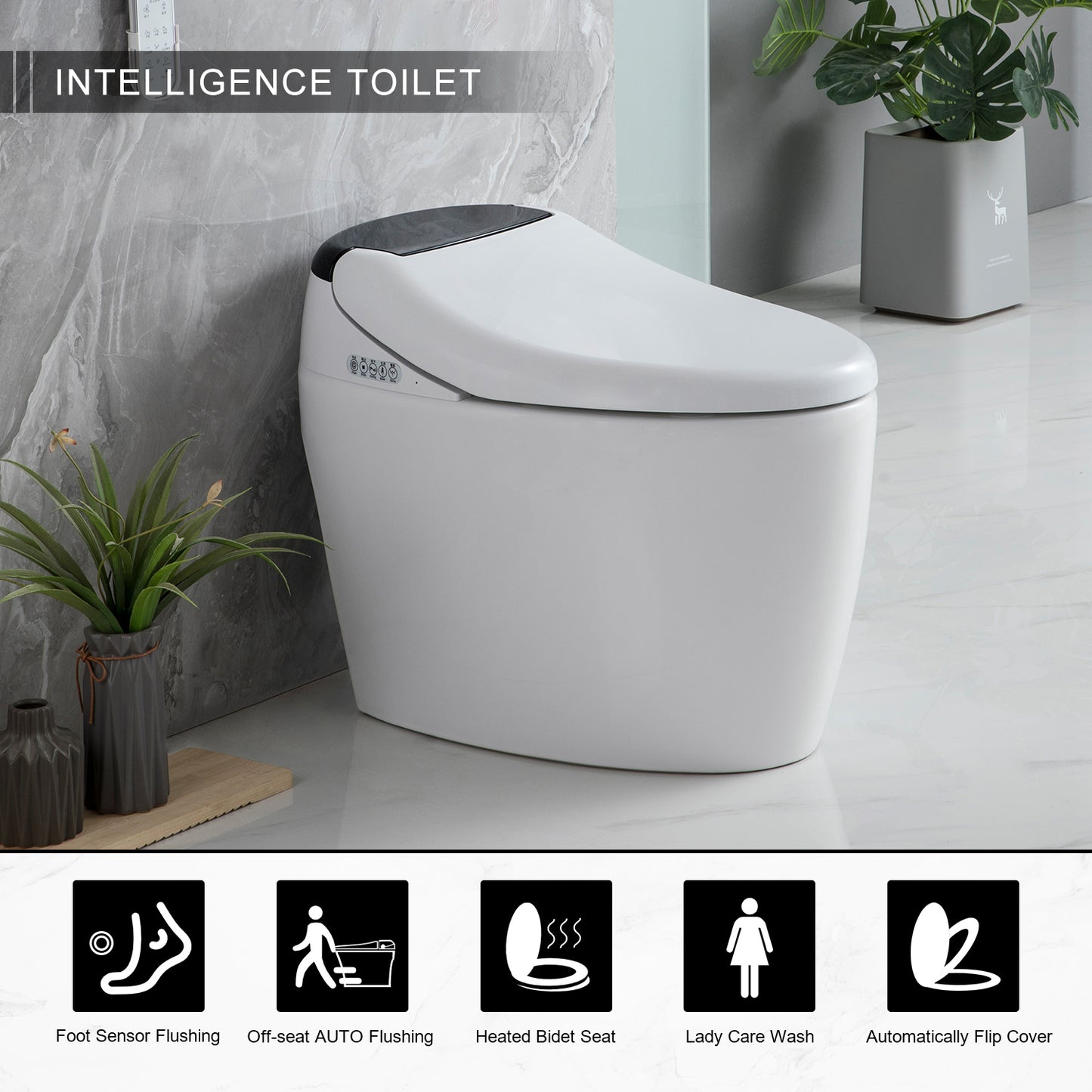 Bidet Toilet with Remote Control, Smart Bidet Toilet Seat with AUTO Open&Close and Remote Control, Smart Toilet with Kid Wash,Lady Care Wash,Nozzle Self-cleaning