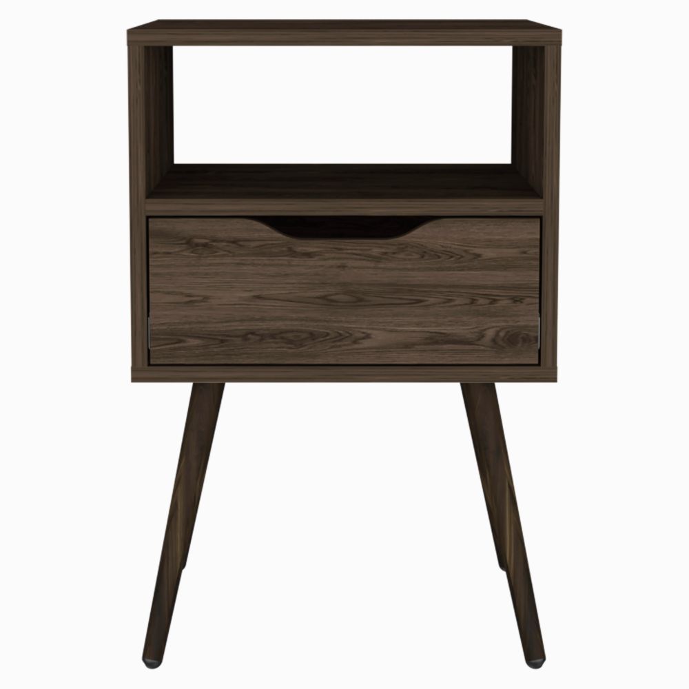 Otom Nightstand , Superior Top, One Open Shelf, One Drawer, Four Legs -Dark Walnut