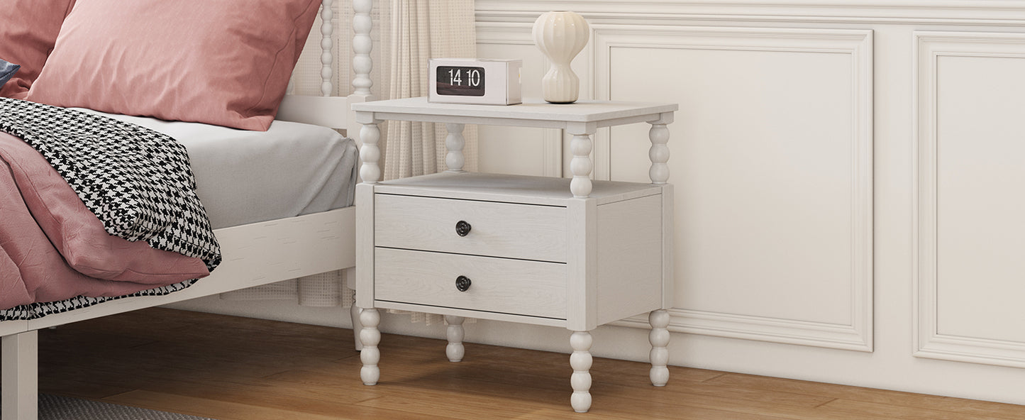 Gourd Shaped Leg 2 Drawer Nightstand, Antique White