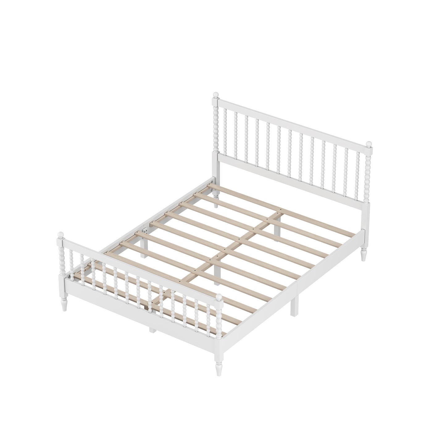 Queen Size Wood Platform Bed with Gourd Shaped Headboard and Footboard,White