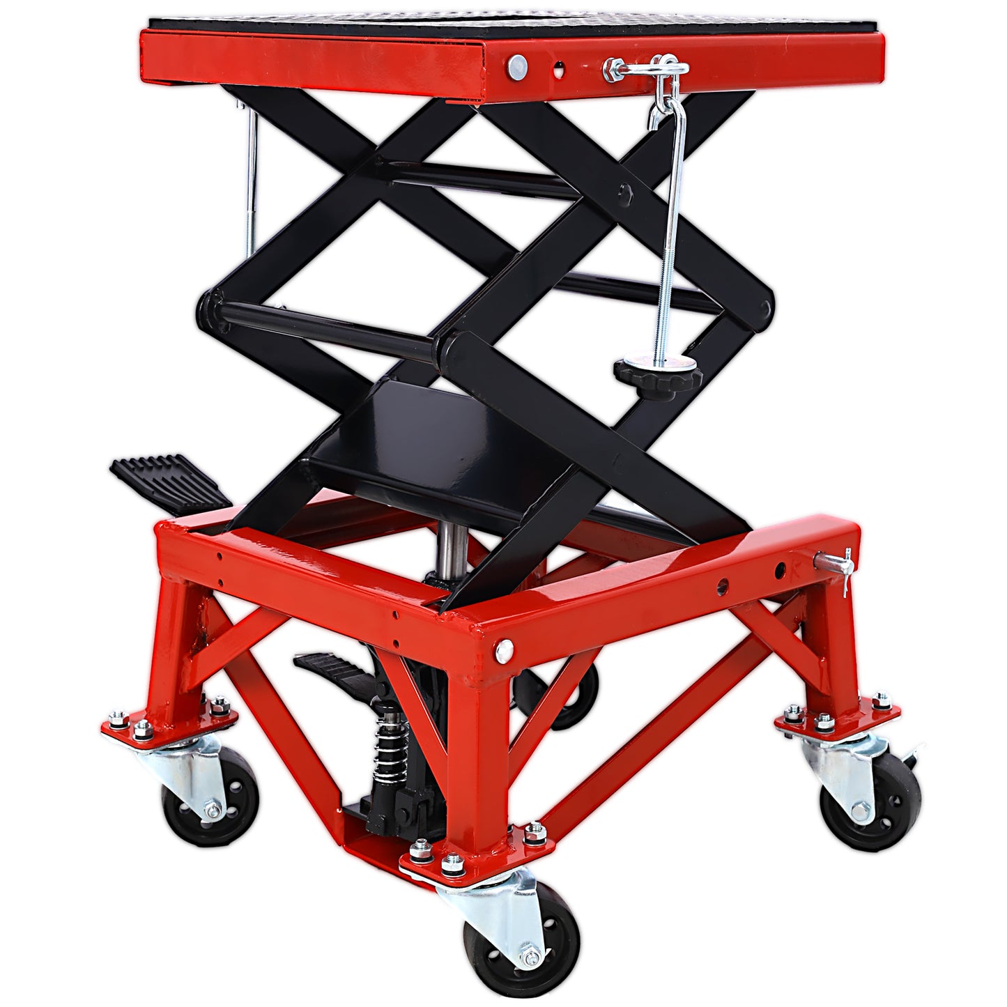 300 lbs Hydraulic Motorcycle Scissor Jack Lift Foot Step Wheels for Small Dirt Bikes,red color