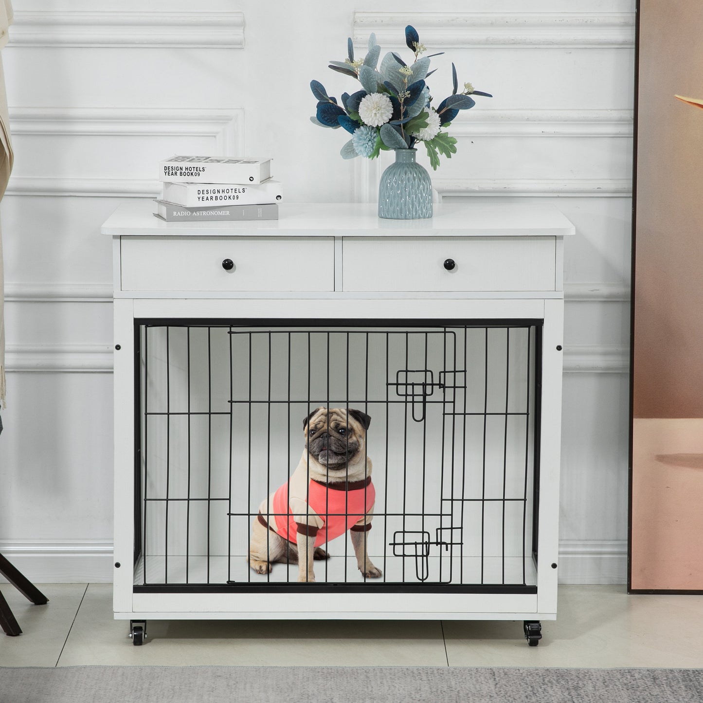 Dog Crate Furniture, Wooden Dog House, Decorative Dog Kennel with Drawer, Indoor Pet Crate End Table for Small Dog, Steel-Tube Dog Cage, Chew-Proof, White 31.7" L×23.2" W×33" H