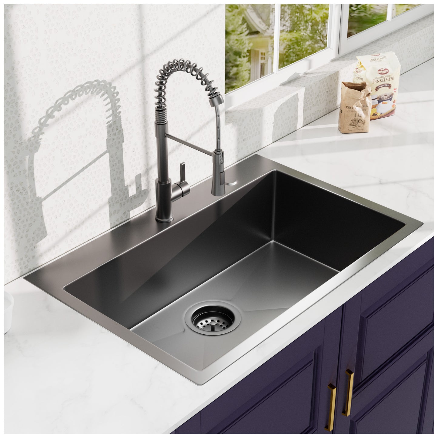 Topmount Stainless Steel Kitchen Sink Set With Black Spring Neck Faucet