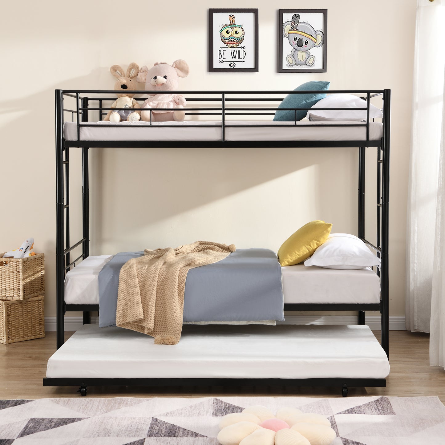 Triple Metal Bunk Bed with Trundle in Elegant Black