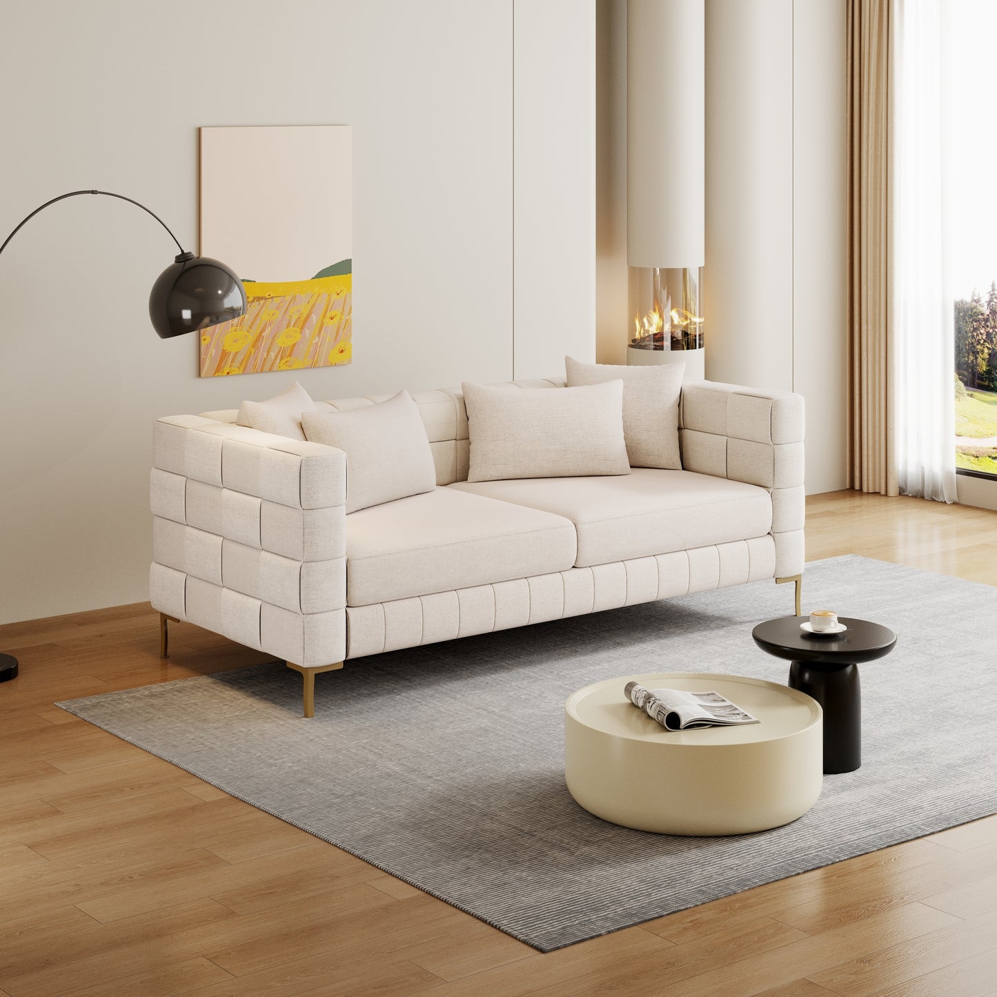 80.5 Modern Upholstered Sofa with Golden Metal Legs and Pillows