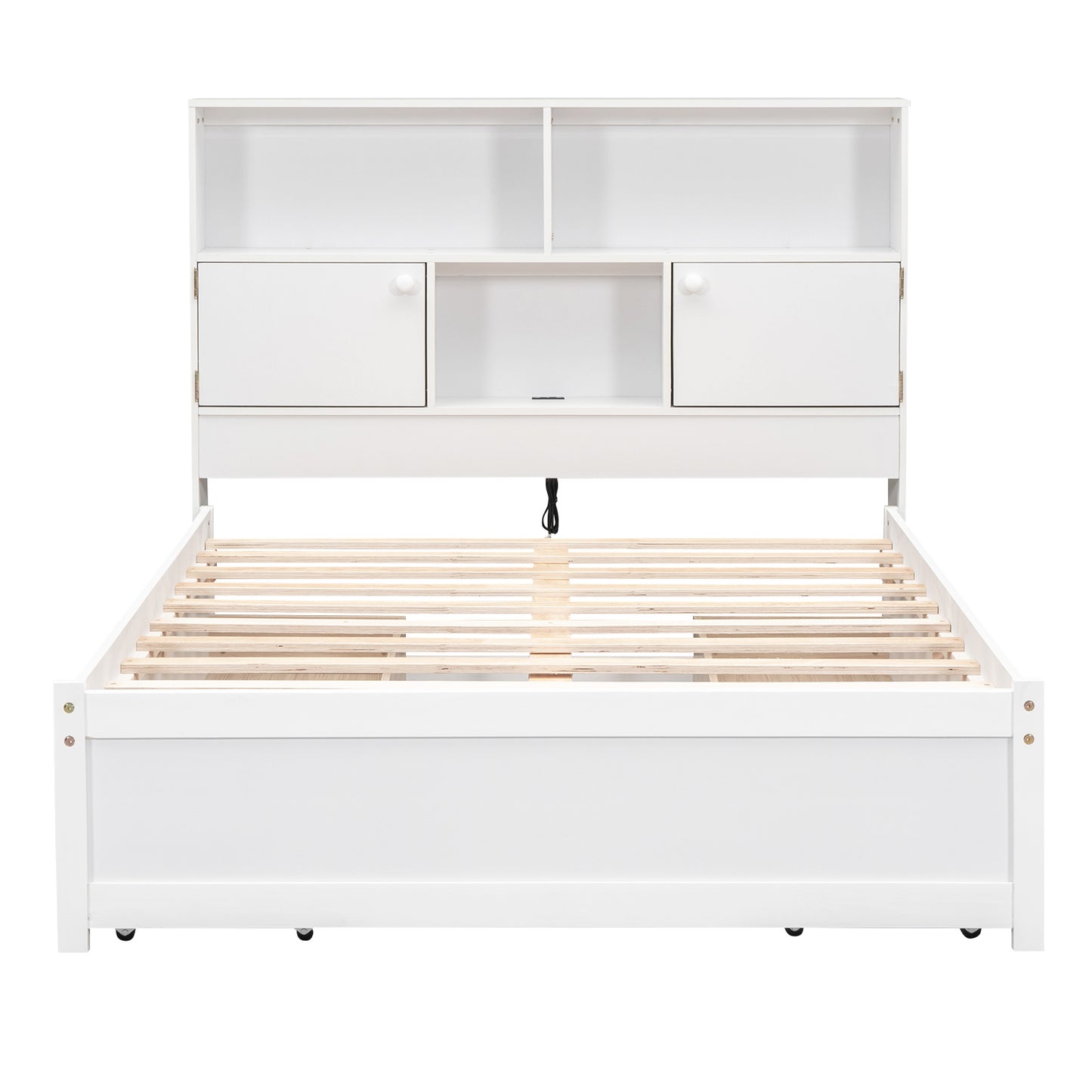 Full Size Platform Bed with Storage Headboard, Charging Station and 4 Drawers, White