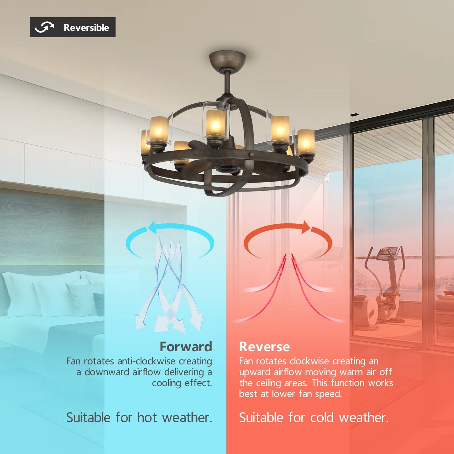 32.6 in. 32W LED light bulb ceiling fan with double glass shade and mountain character design