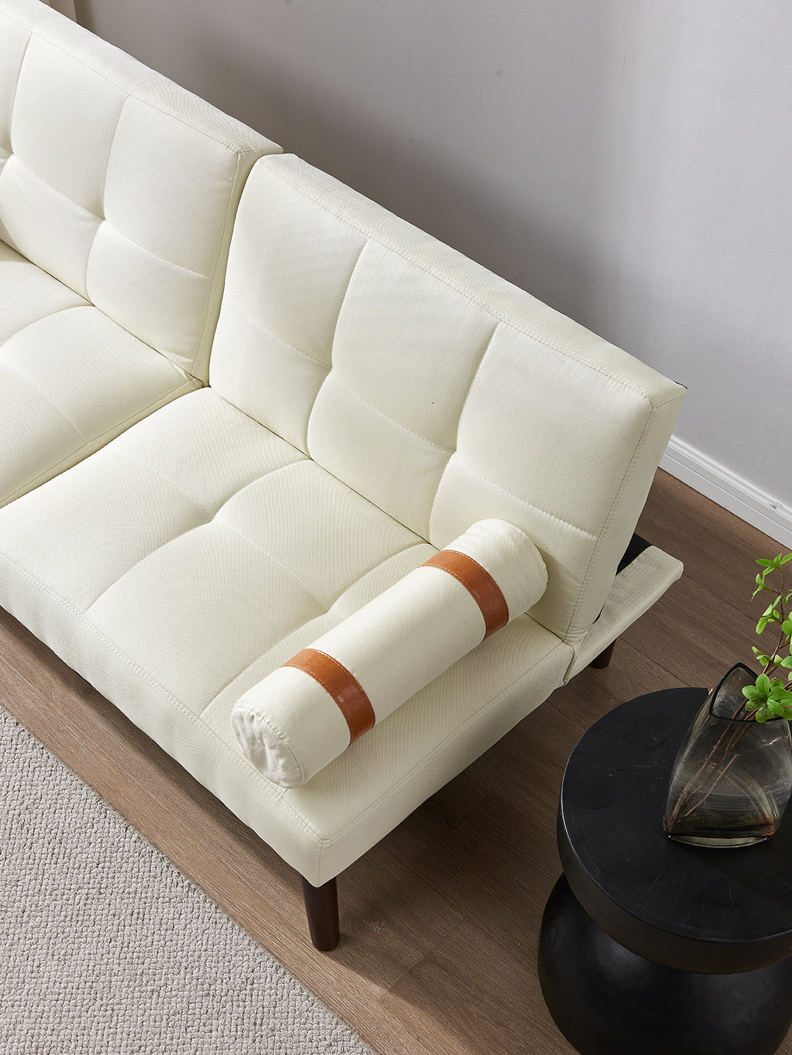 Convertible Sofa Bed Futon with Solid Wood Legs Linen Fabric Ivory