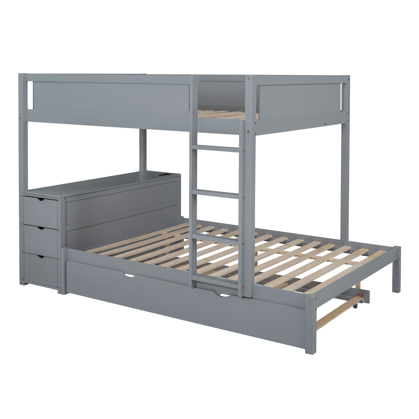 Full-Over-Full Bunk Bed with Twin Trundle, Storage, Desk, and USB Outlets, Gray - Ultimate Space-Saving Solution for Bedroom