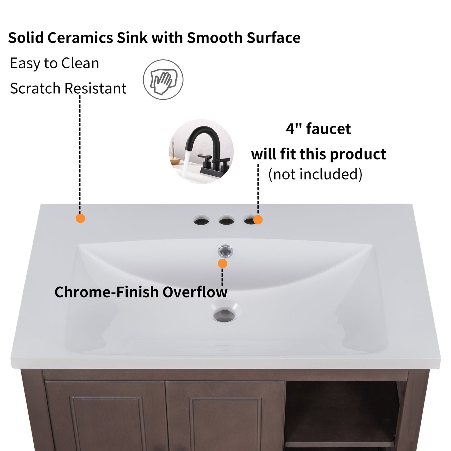 30" Bathroom Vanity with Sink, Bathroom Storage Cabinet with Doors and Drawers, Solid Wood Frame, Ceramic Sink, Brown