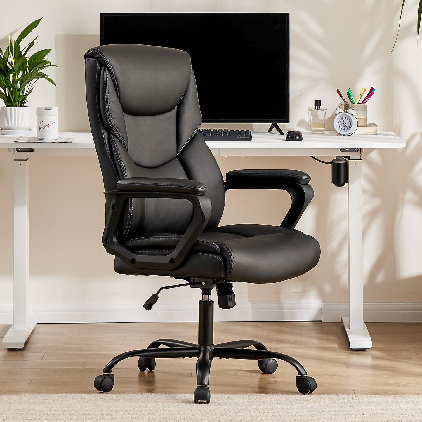 Sweetcrispy Home Office Chair Ergonomic PU Leather Desk Chair with Armrests