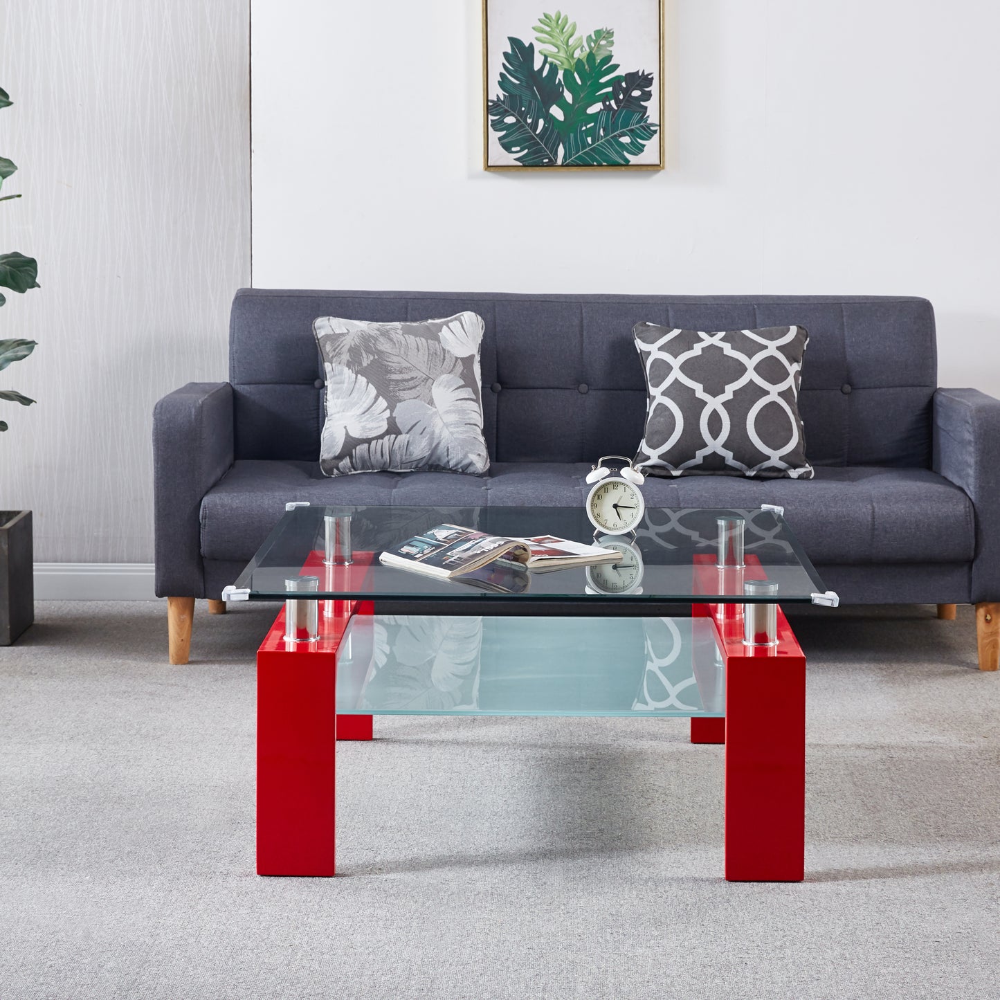 Modern Square Coffee Table with Two-Tier Tempered Glass Top and U-Shaped MDF Legs