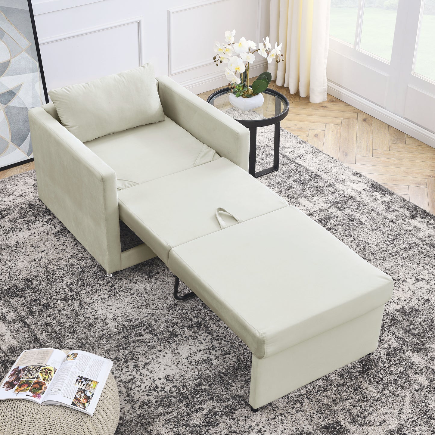 Sofa Bed Chair 2-in-1 Convertible Chair Bed, Lounger Sleeper Chair for Small Space with One Pillow, Beige Velvet