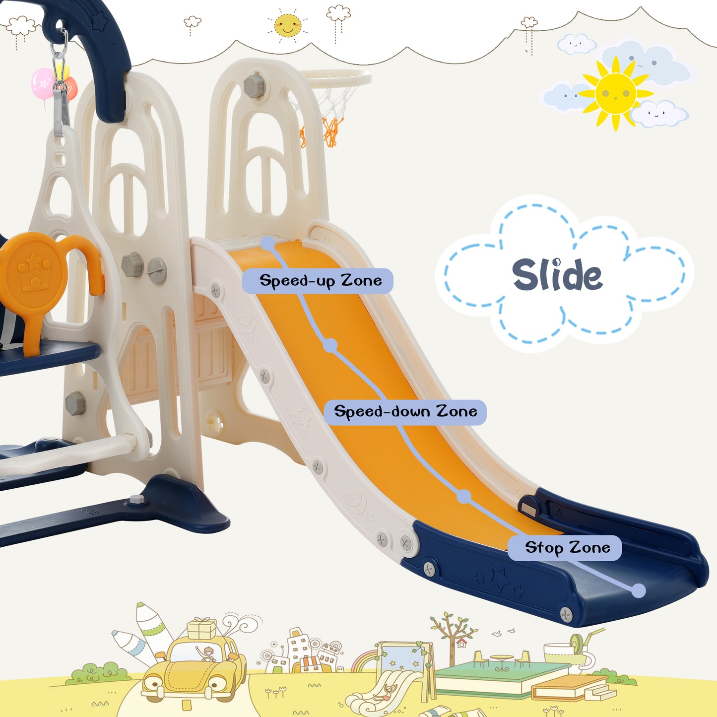 3-in-1 Toddler Slide and Swing Set with Basketball Hoop and Alphabet Themed Slide