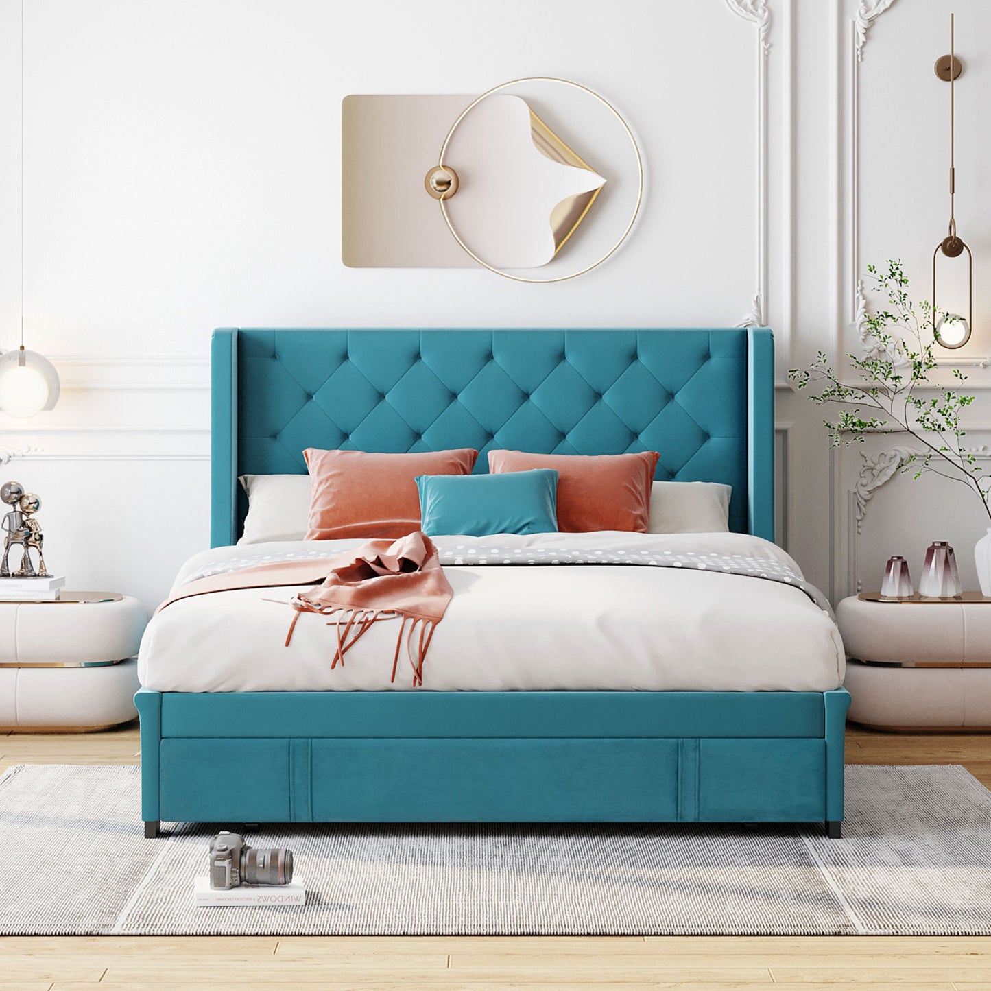 Queen Size Storage Bed Velvet Upholstered Platform Bed with Wingback Headboard and a Big Drawer (Blue)