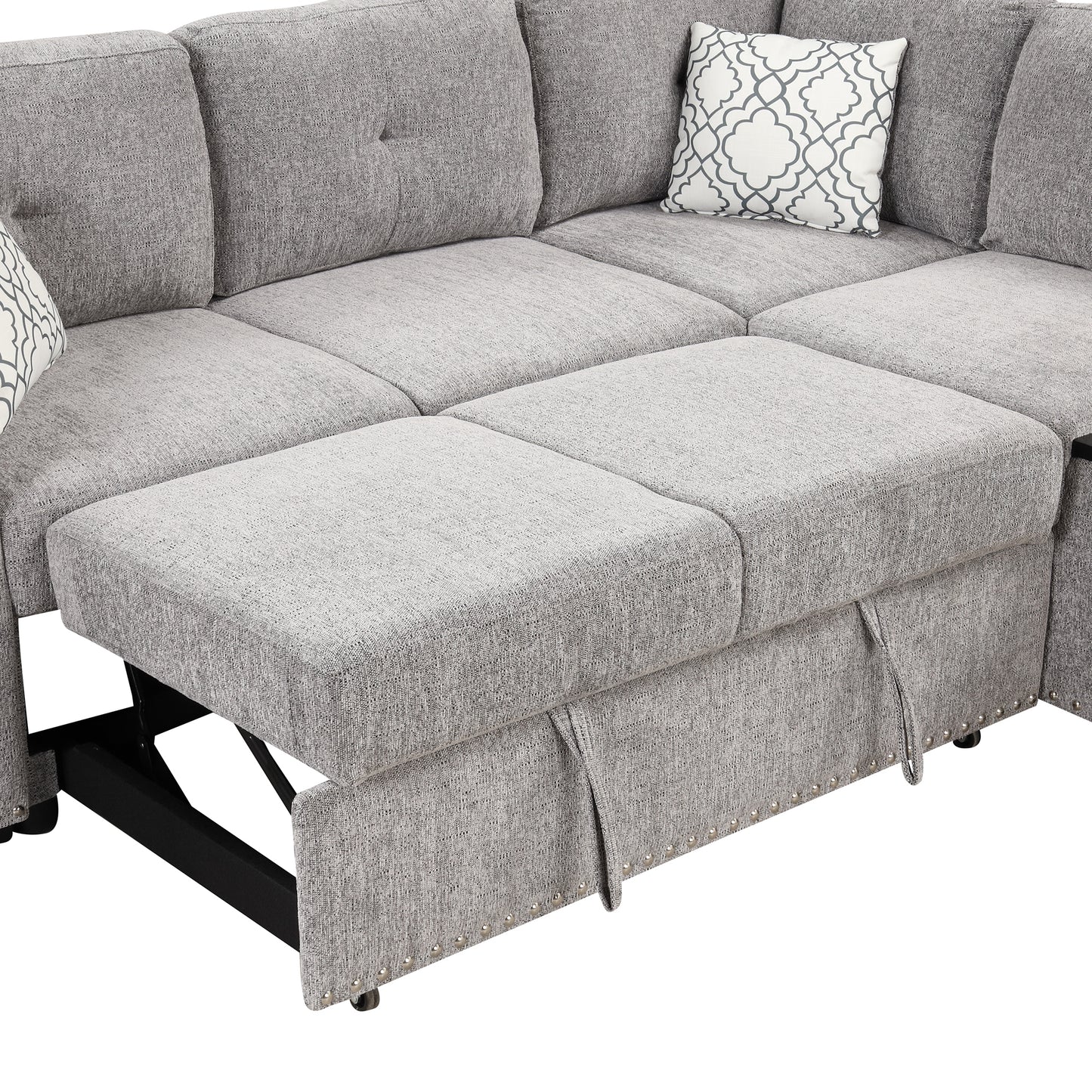 Convertible L-Shaped Sectional Sleeper Sofa with Storage Chaise and Charging Ports in Light Gray