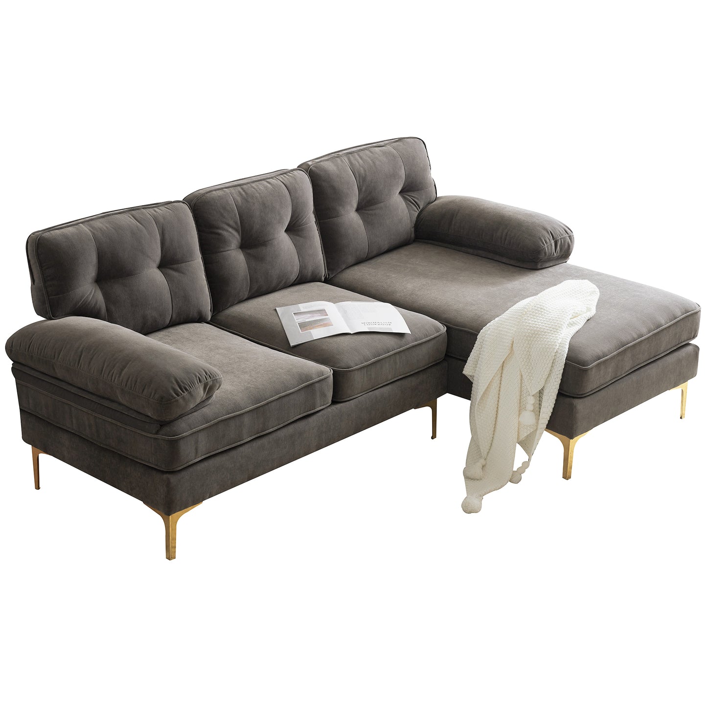 Luxurious Brown Velvet L-Shaped Modern Sectional Sofa for Living Room or Bedroom