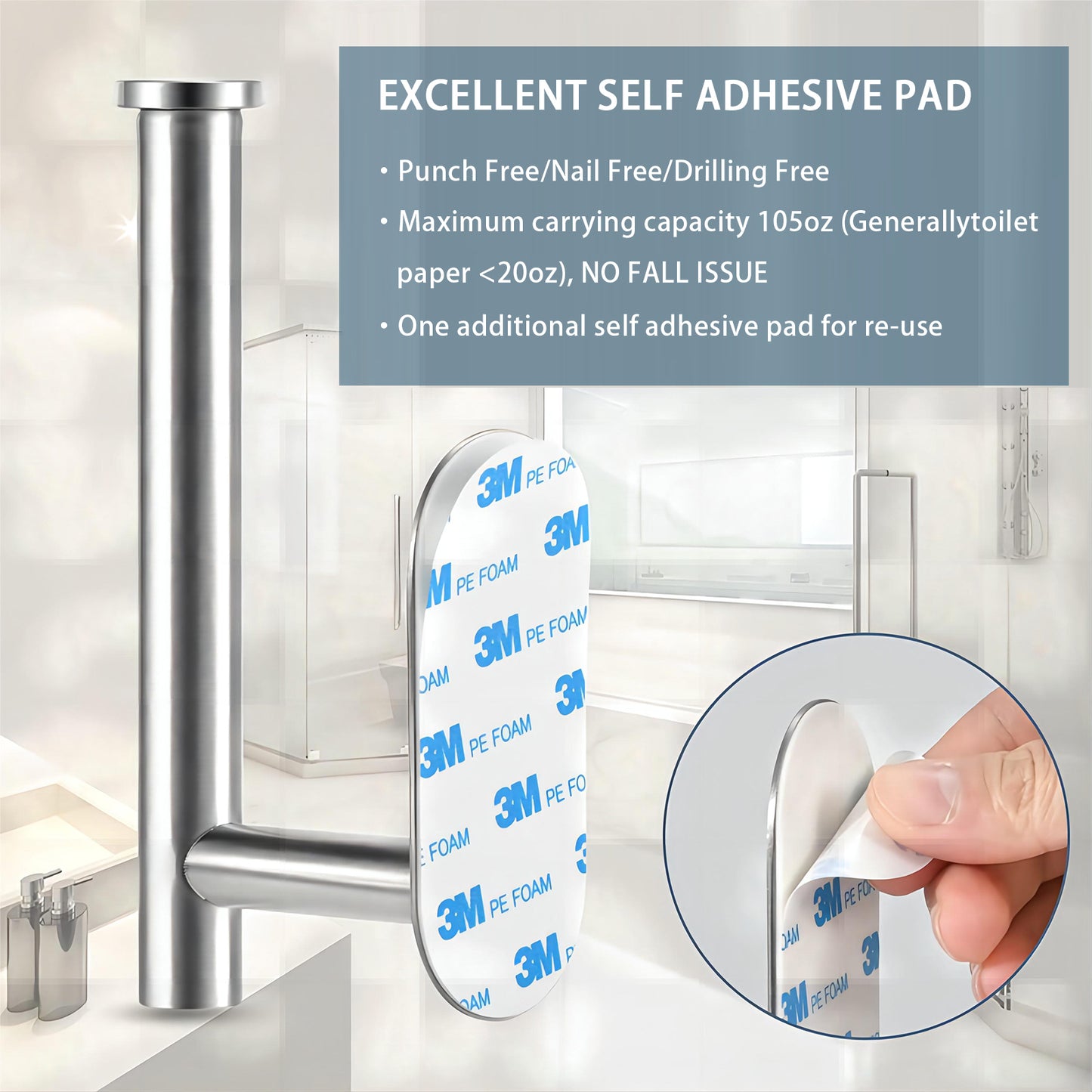 Wall-Mounted Stainless Steel Toilet Paper Holder with Self-Adhesive Feature