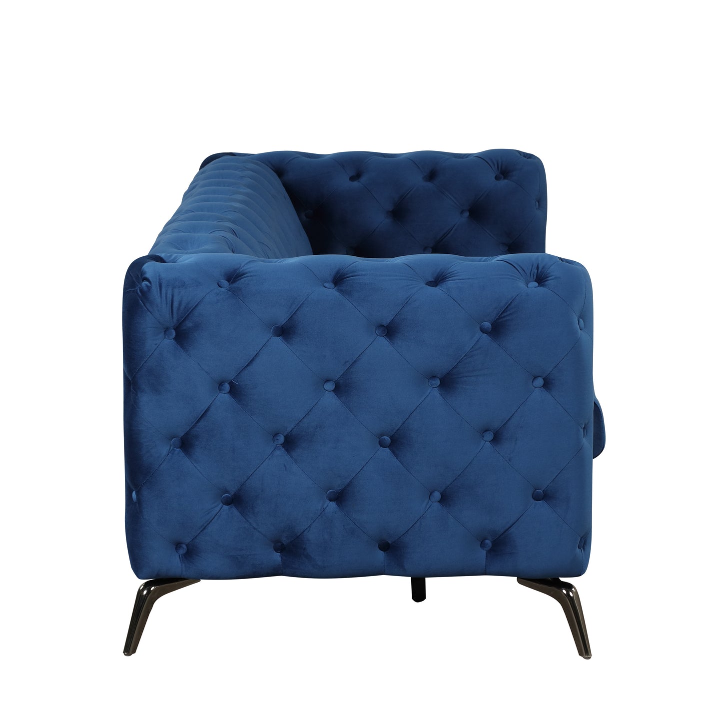 Modern Blue Velvet Upholstered 3 Seater Sofa with Button Tufted Back and Sturdy Metal Legs