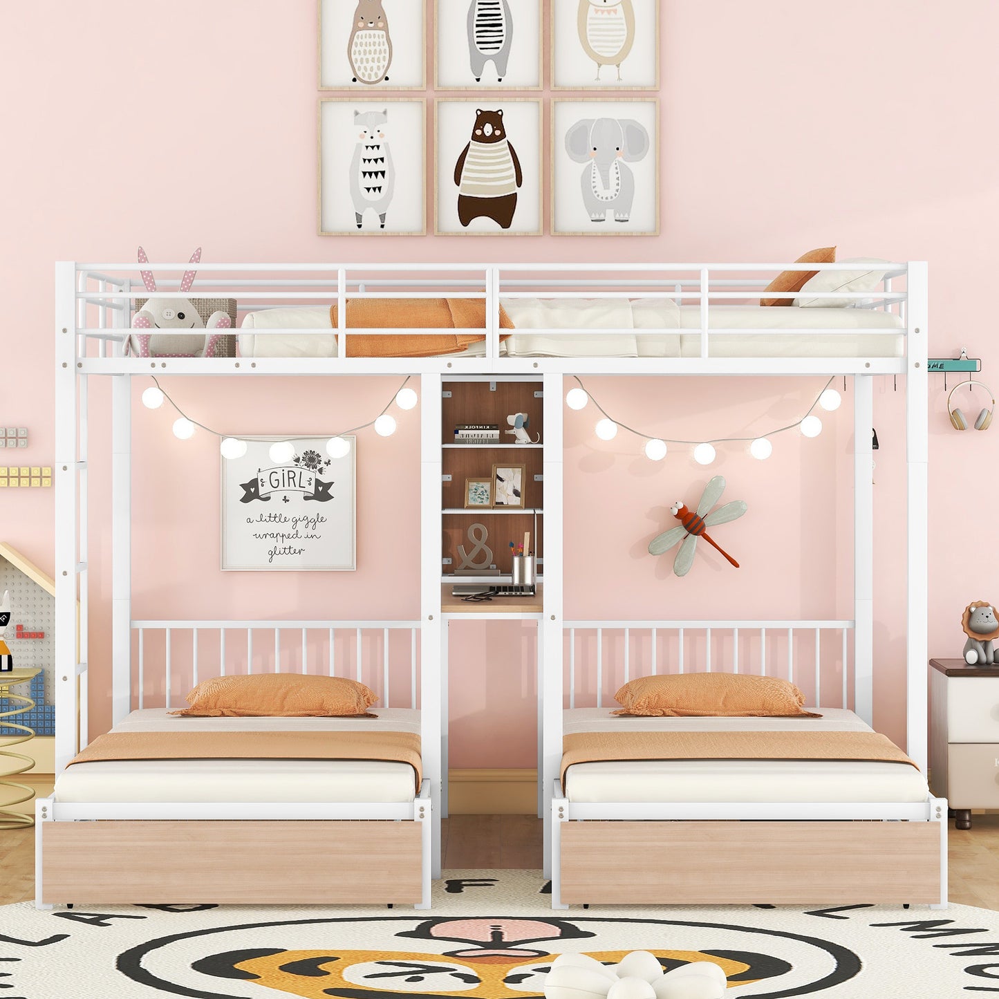 Triple Bunk Bed with White Metal Convertible Desk and Shelves