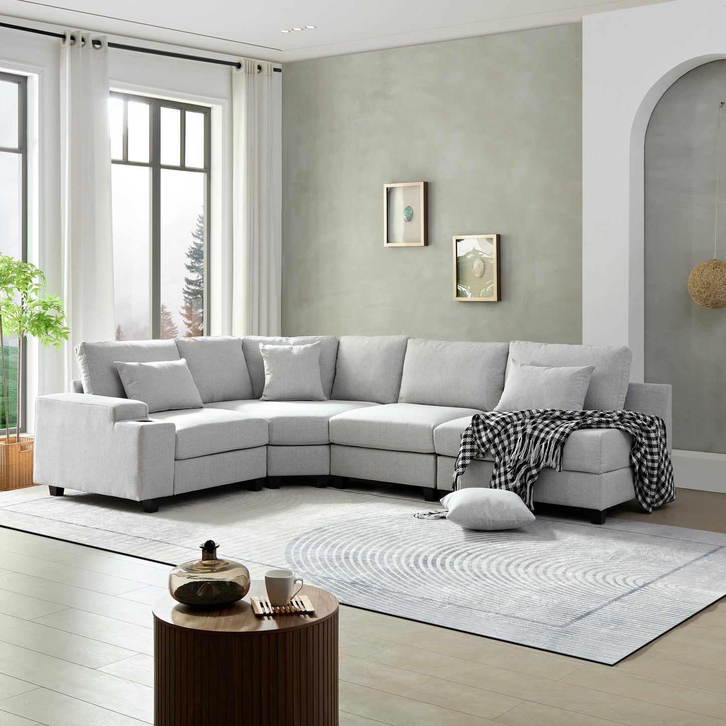 U_Style Stylish Modular Sofa Sectional with Polyester Upholstery with 4 Pillows, 1 Cup Holder with Free Combination for Living Room