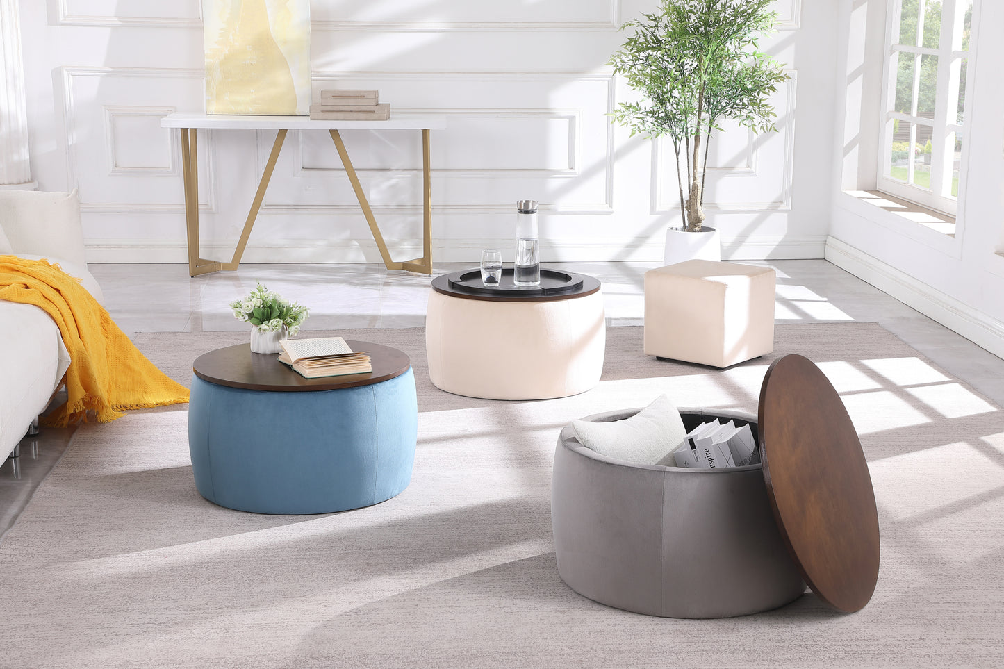 Elegant Velvet Round Ottoman Set with Storage: Multifunctional Furniture Piece for Your Space