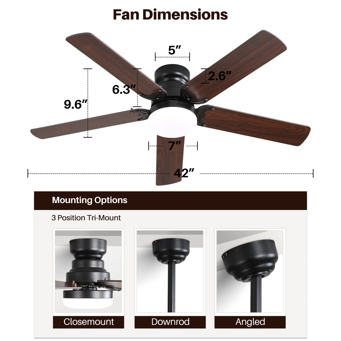 Modern 42 Inch Ceiling Fan with Remote Control and Dimmable LED Light